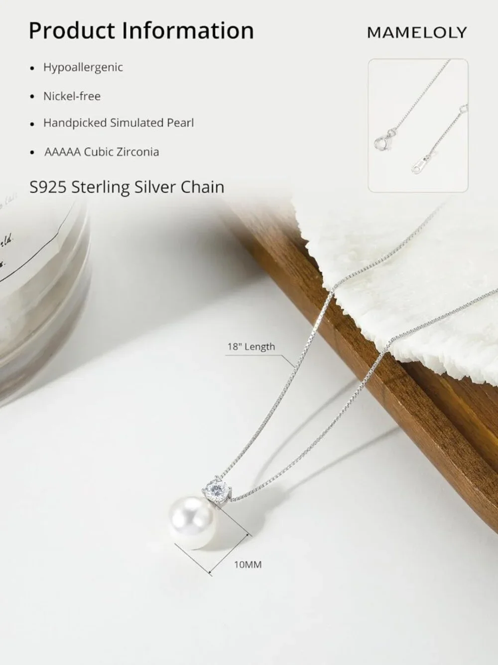 Dainty 925 Sterling Silver Pearl Necklace with CZ Pendant - Perfect for Weddings
